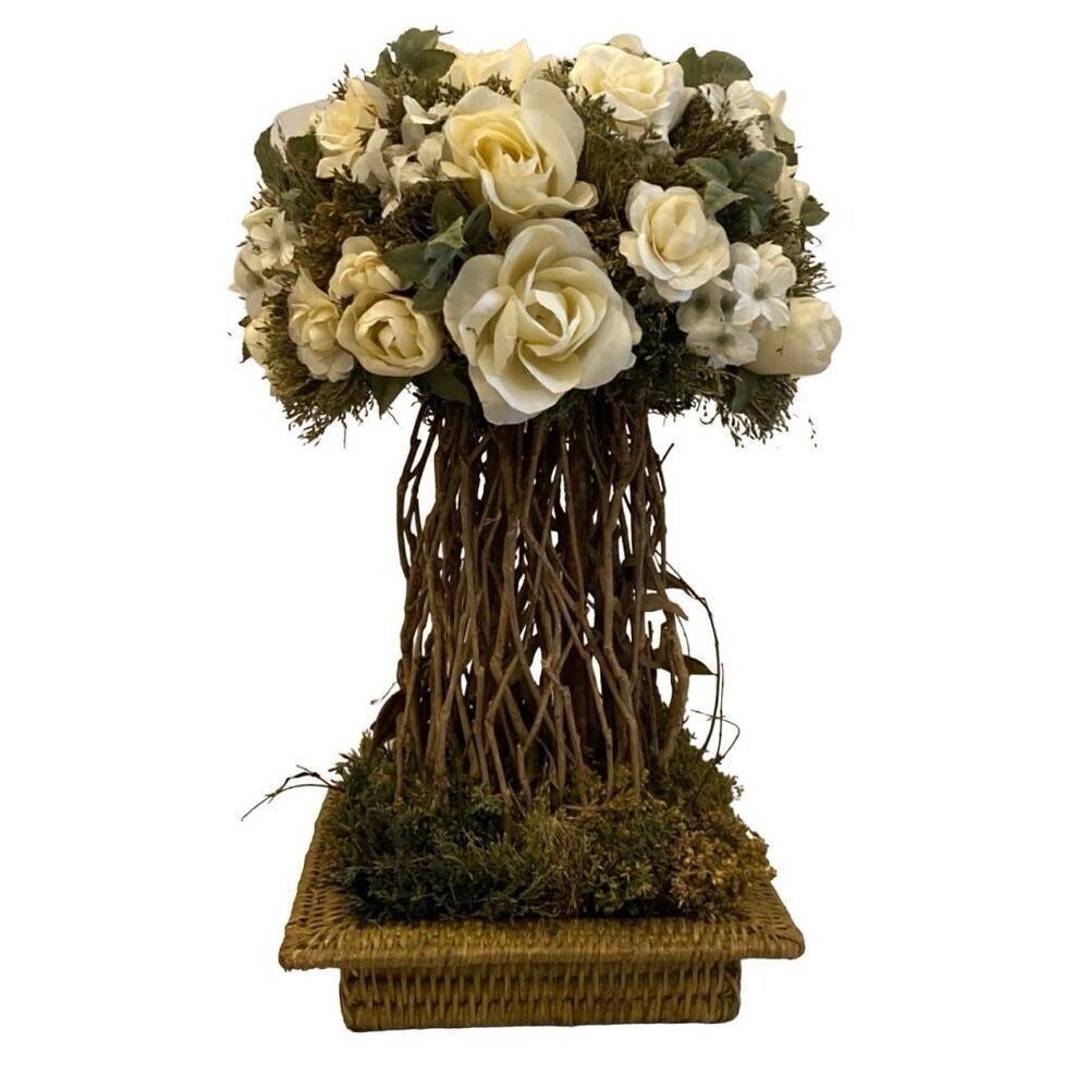Vntage Floral Arrangement Centerpiece White Roses Twigs